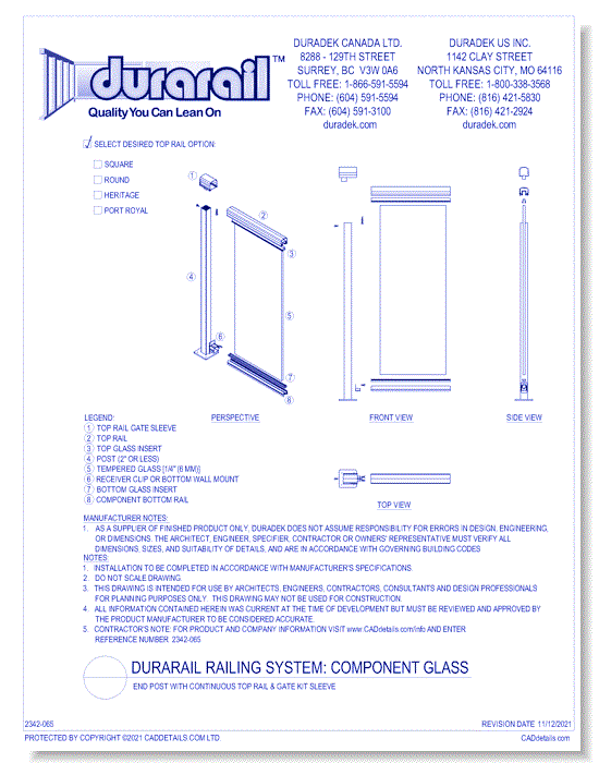 Component Glass Detail - End Post with Continuous Top Rail and Gate Kit Sleeve