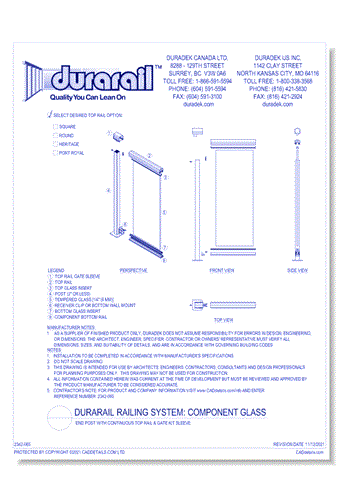 Component Glass Detail - End Post with Continuous Top Rail and Gate Kit Sleeve