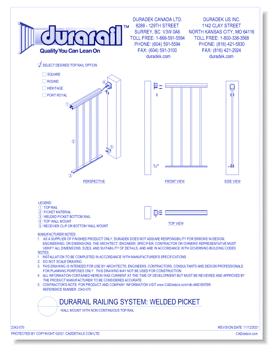 Welded Picket Detail - Wall Mount with Non Continuous Top Rail