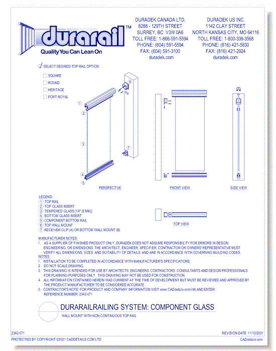 Component Glass Detail - Wall Mount with Non Continuous Top Rail