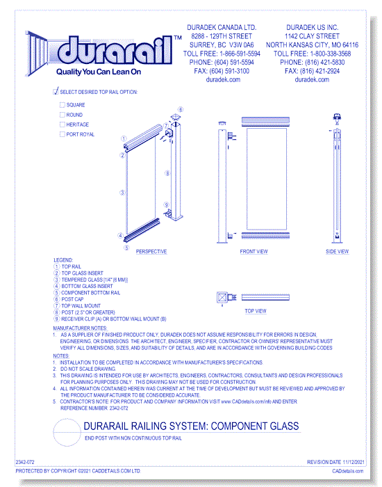 Component Glass Detail - End Post with Non Continuous Top Rail