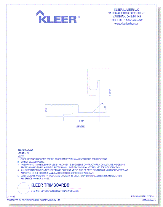 3 1/2 Inch Outside Corner with Nailing Flange 