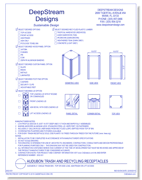 Audubon 21: Single Trash Bin - Top or Side Load, Ash/Trash or Lift Access