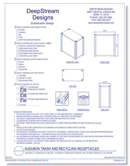 Audubon 21: Double Recycling Bin - 9" Round w/ Commingled Opening, or 6" Round, Paper Slot, or Custom