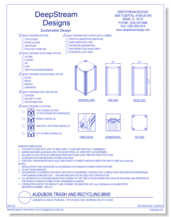 Audubon 33: Single Trash Bin - Top or Side Load, Ash/Trash or Lift Access