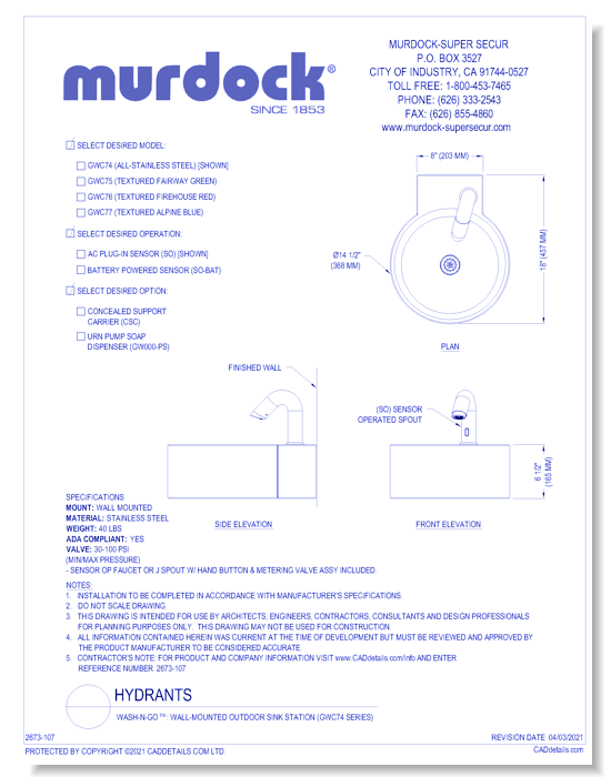 Wash-N-Go!™: Wall-Mounted Outdoor Sink Station (GWC74 Series)