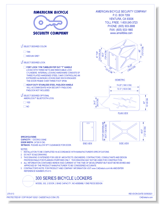 Bike-Shell™ Model 301W (1 Door, 2 Bike Capacity Rectangular Unit)