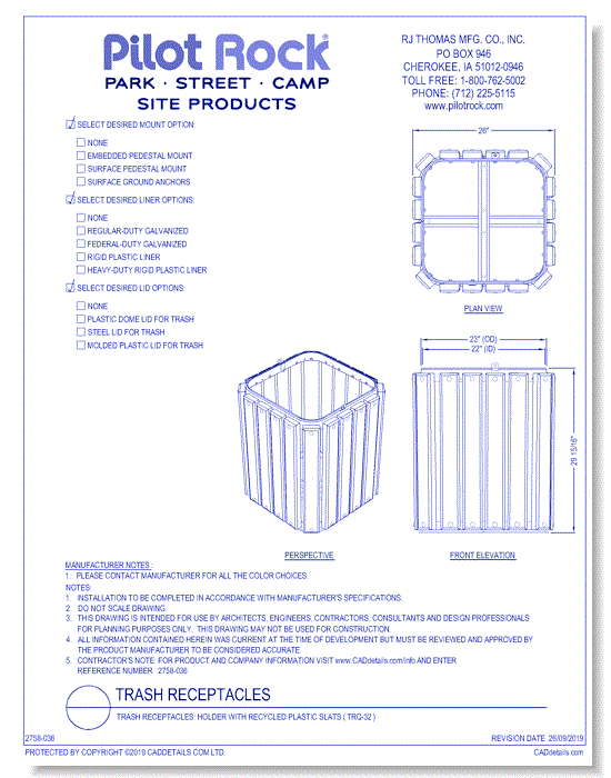 Trash Receptacles: Holder with Recycled Plastic Slats ( TRQ-32 )