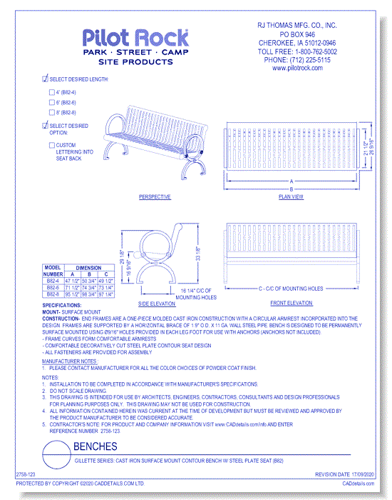 Gillette Series: Cast Iron Surface Mount Contour Bench w/ Steel Plate Seat (B82)