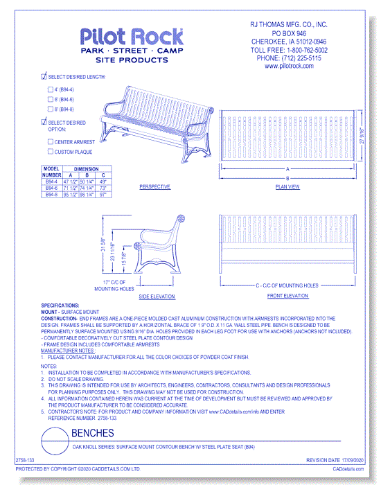Oak Knoll Series: Surface Mount Contour Bench w/ Steel Plate Seat (B94)