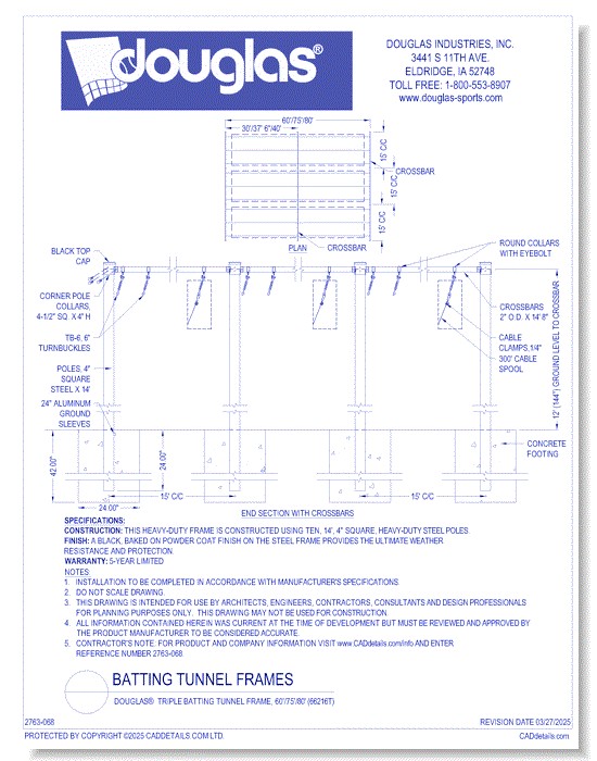 Douglas® Triple Batting Tunnel Frame, 50'/70'/75'