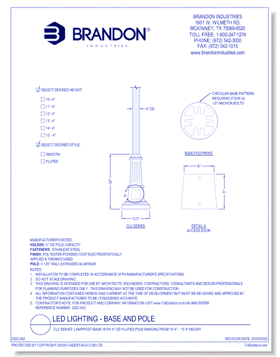 CL2 Series: Lamppost base with 4" OD fluted pole ranging from 10'4" – 15'4" height