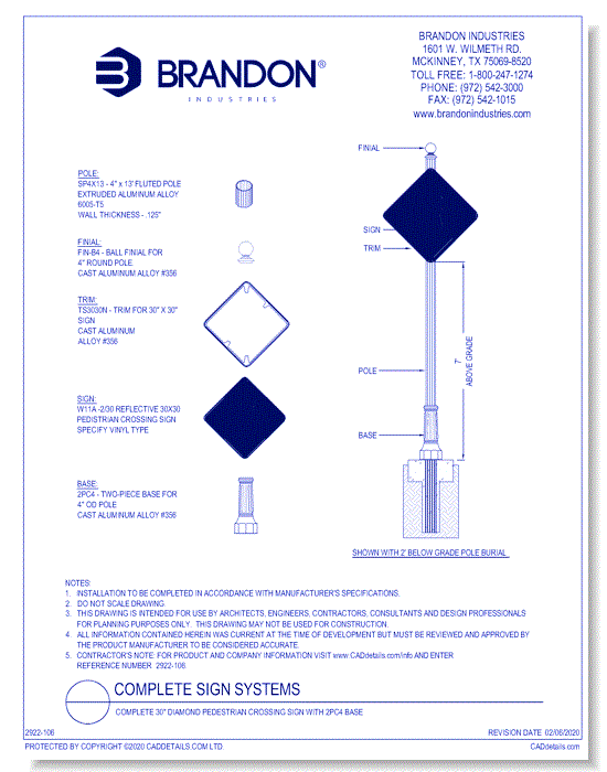 Complete 30" Diamond Pedestrian Crossing Sign with 2PC4 Base