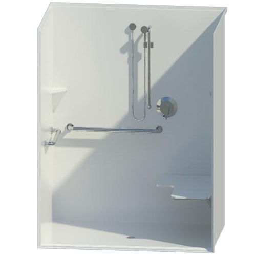16037BFSD: 60" Acrylic roll-in shower, smooth wall, pre-leveled base (ADA, ANSI)