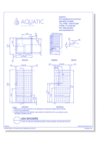 F1364P: 36" Gelcoat transfer shower, 4-piece, diagonal tile (ADA, ANSI, MA, FHA)