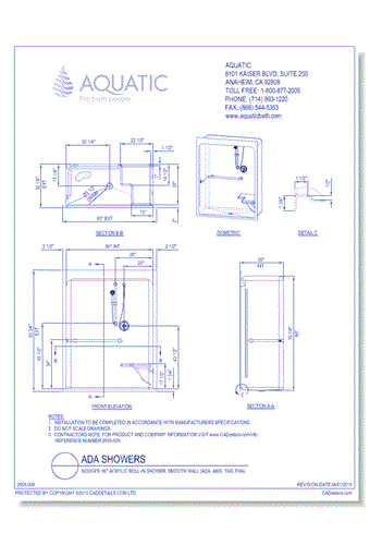 6030CFS: 60" Acrylic roll-in shower, smooth wall (ADA, ANSI, TAS, FHA)