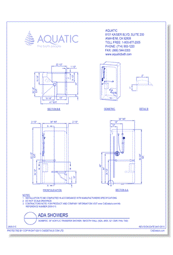 3636BFSC: 36" Acrylic transfer shower, smooth wall (ADA, ANSI, 521 CMR, FHA, TAS)