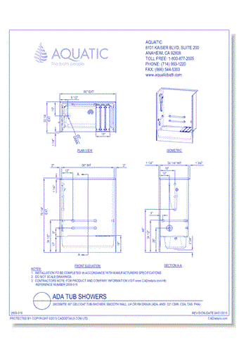 2603SMTE: 60" Gelcoat tub-shower, smooth wall, LH or RH drain (ADA, ANSI, 521 CMR, CSA, TAS, FHA)