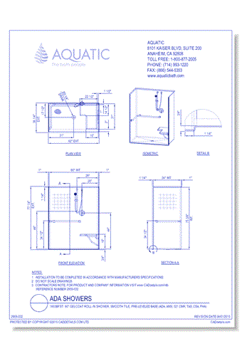 1603BFST: 60" Gelcoat roll-in shower, smooth tile, pre-leveled base (ADA, ANSI, 521 CMR, TAS, CSA, FHA)