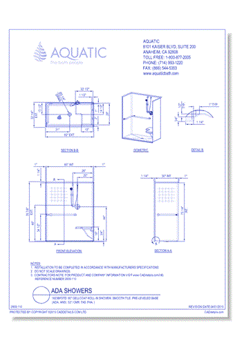 1623BFSTD: 60" Gellcoat roll-in shower, smooth tile, pre-leveled base (ADA, ANSI, 521 CMR, TAS, FHA, )