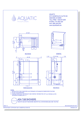 2603CTH: Gelcoat tub-shower, smooth tile, LH or RH drain (ADA, ANSI, TAS, FHA)