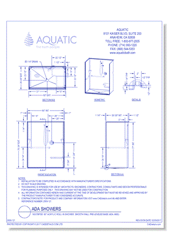 16037BFSD: 60" Acrylic roll-in shower, smooth wall, pre-leveled base (ADA, ANSI)