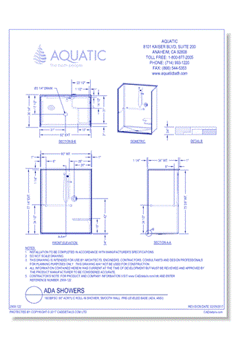 1603BFSC: 60" Acrylic roll-in shower, smooth wall, pre-leveled base (ADA, ANSI)