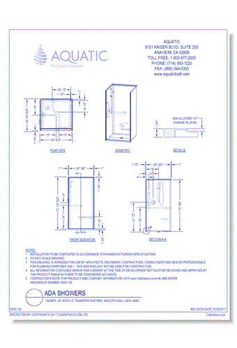 1363BFS: 36" Acrylic transfer shower, smooth wall (ADA, ANSI, MA)