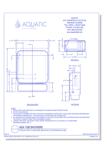 6032ITS: 60" Acrylic tub-shower, smooth wall, LH or RH drain (ADA, ANSI)