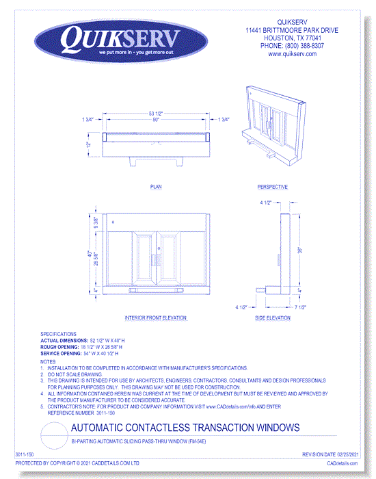 Bi-Parting Automatic Sliding Pass-Thru Window (FM-54E)