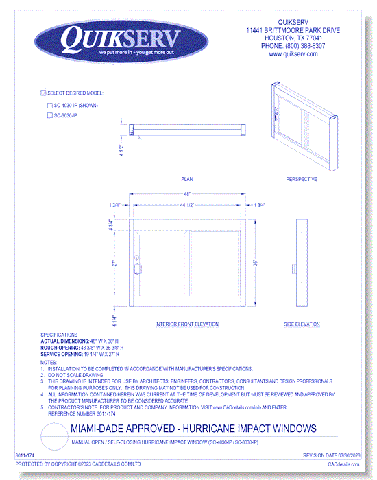 Manual Open / Self-Closing Hurricane Impact Window (SC-4030-IP / SC-3030-IP)