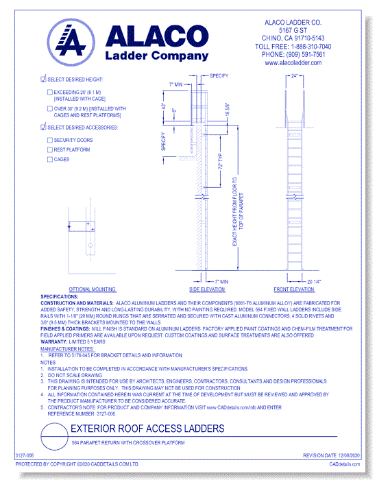 Exterior Roof Access Ladder: 564 Parapet Return with Crossover Platform