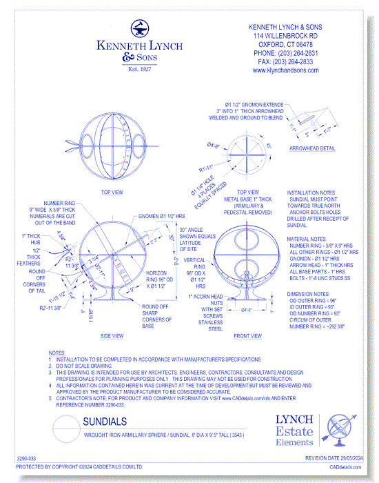 Wrought Iron Armillary Sphere / Sundial, 8' Dia x 9' 5" Tall ( 3543 )