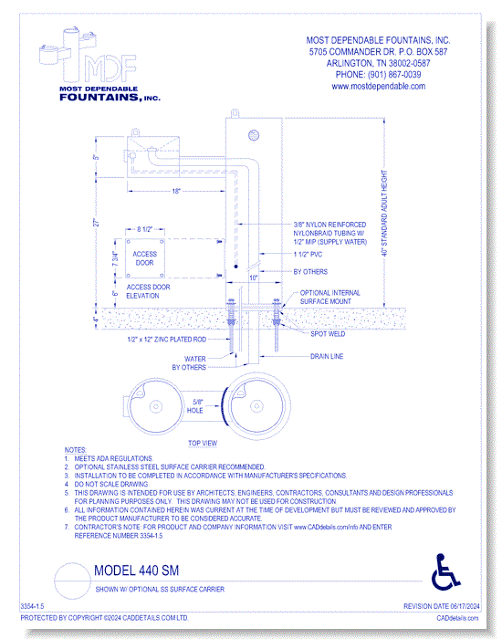 ** 440 SM ** Pedestal surface mount fountain with one bowl on an ADA arm and one bowl on top of the main pedestal. Both the high and the low meet ADA.* (Shown with optional Stainless Steel Carrier-recommended)*