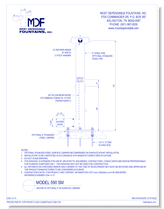 ** 590 SM** Pedestal surface mount shower with four shower heads and one foot wash head.* (Shown with optional Stainless Steel Carrier-recommended)*