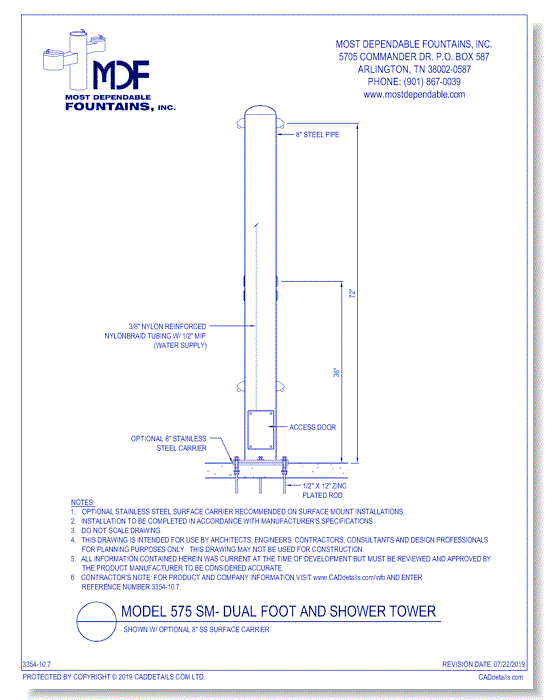 10.7)** 575 SM** Pedestal surface mount shower with back to back shower heads and foot wash heads.* (Shown with optional Stainless Steel Carrier-recommended)*