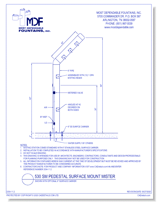 11.2)** 530 SM** Pedestal surface mount Mister. Features 12 misting heads on arched column.* (Shown with optional 6” surface carrier)*