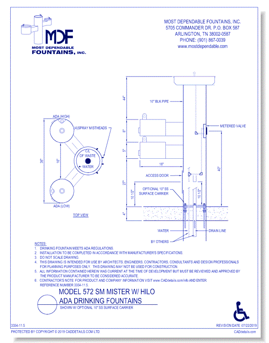 11.5)** 572 SM** Pedestal surface mount **Mister Drinking Fountain** features: 4 misting heads with an ADA High and Low drinking fountain on opposite side.* (Shown with optional Stainless Steel Surface Carrier-recommended)*