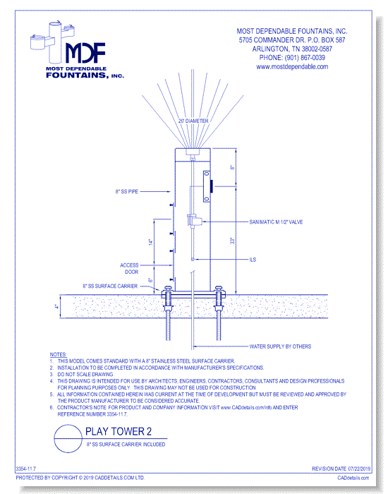 **Play Tower 2** Pedestal surface mount **Play Tower 2** features: 41 Inch column with a 10 Inch radius of water spray.* (Shown with Stainless Steel Carrier-standard)*