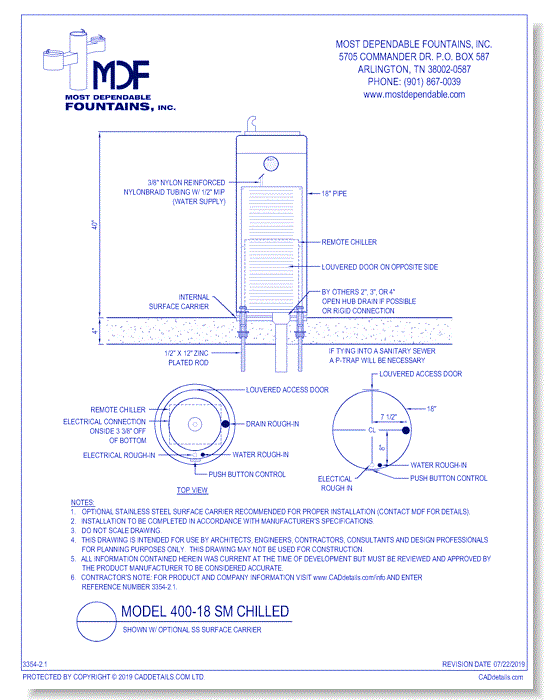 2.1)** 400-18 SM** Chilled Pedestal surface mount fountain with one bowl on top of column* (Shown with optional Stainless Steel Surface Carrier-recommended)*
