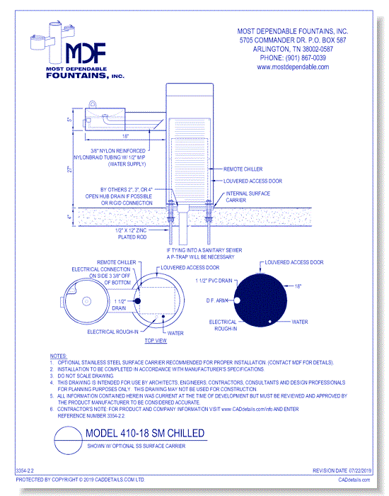 2.2)** 410-18 SM** Chilled Pedestal surface mount fountain with one bowl on an ADA arm* (Shown with optional Stainless Steel Surface Carrier-recommended)*