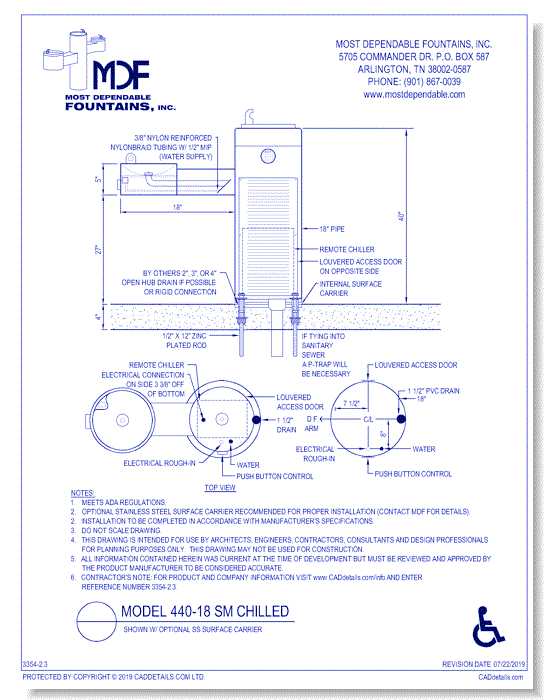 2.3)** 440-18 SM** Chilled Pedestal surface mount fountain with one bowl on an ADA arm and one bowl on top of the main pedestal. Both the high and the low meet ADA.* (Shown with optional Stainless Steel Carrier-recommended)*