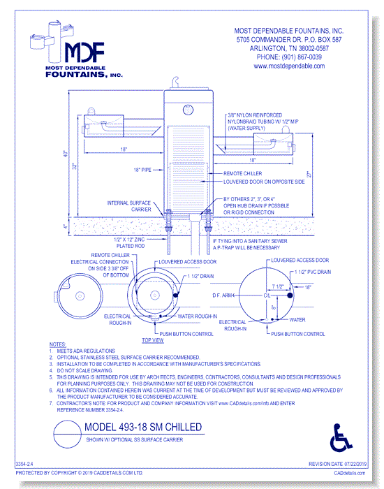 2.4)** 493-18 SM** Chilled Pedestal surface mount fountain with one bowl on an ADA arm, one bowl on top on the main pedestal and an additional arm lower than