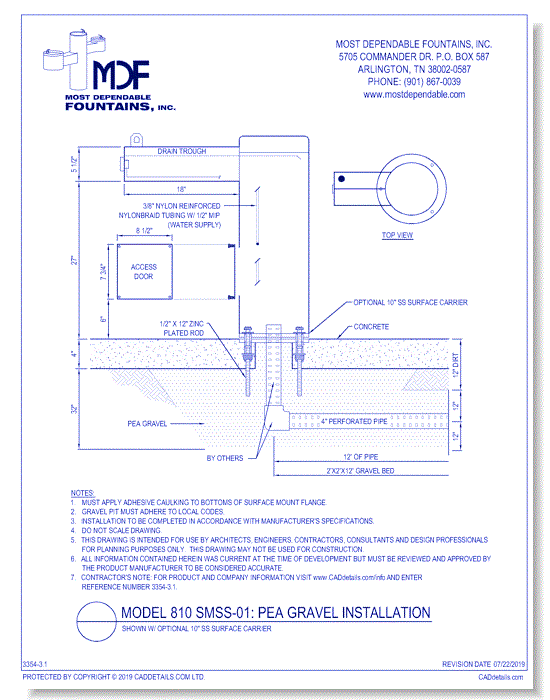 ** 810 SMSS-01** Pedestal surface mount stainless steel fountain with one trough style ADA Arm designed for drainage into a pea gravel.* (Shown with optional Stainless Steel Surface Carrier-recommended)*