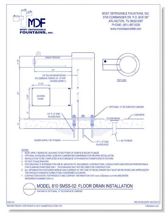 3.2)** 810 SMSS-02** Pedestal surface mountain stainless steel fountain with one trough style ADA Arm and a cut away at the base designed for drainage into a floor drain. *(Shown with optional Stainless Steel Surface Carrier-recommended)*