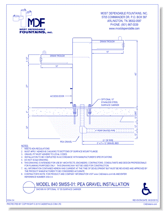 3.4)** 840 SMSS-01** Pedestal surface mount stainless steel fountain with one trough style ADA Arm (low) and an additional trough style arm mounted at ADA height (high) designed for drainage into pea gravel. Both the high and the low meet ADA. *(Shown with optional Stainless Steel Carrier-recommended)*