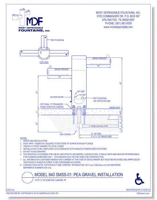 3.4a)** 840 SMSS-01** Pedestal surface mount stainless steel fountain with one trough style ADA Arm designed for drainage into a pea gravel W/ 10 inch SS Surface Carrier, PF