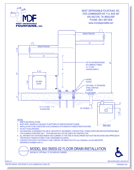 ** 840 SMSS-02** Pedestal surface mountain stainless steel fountain with one trough style ADA Arm (low) and an additional trough style arm mounted at ADA height (high) designed for drainage into a floor drain. *(Shown with optional Stainless Steel Surface Carrier-recommended)*