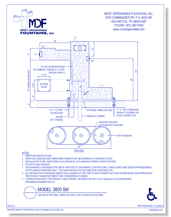 5.4)** 3800 SM** Aggregate Pedestal surface mount fountain with one bowl on an ADA arm, one bowl on top of the main pedestal and one pet fountain. Both the high and the low meet ADA* (Shown with optional 3800 Stainless Steel Carrier-recommended)*