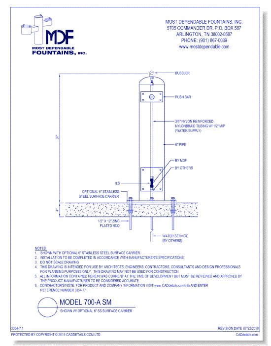 7.1)** 700-A SM** Pedestal surface mount fountain with one solid stainless steel bubbler on top of column.* (Shown with optional Stainless Steel Carrier-recommended)*